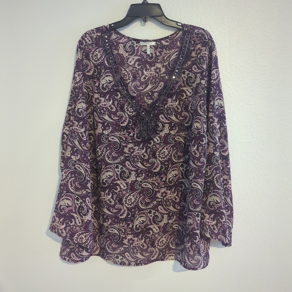 Metro 7 Blouse V-neck Boho Purple Black Paisley Women's Plus Size 22/24W
